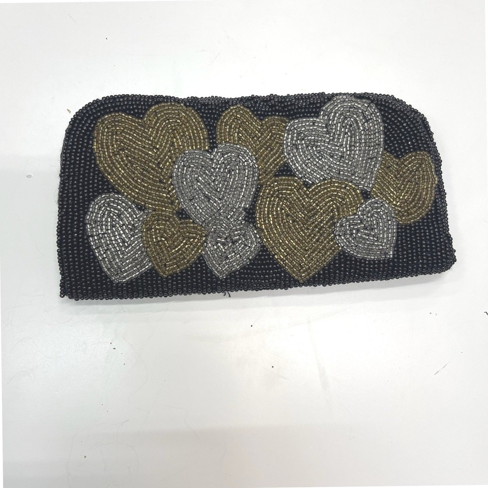 Vintage Style Beaded Heart Clutch‎ Bag Black Gold Silver Metallic Evening Purse